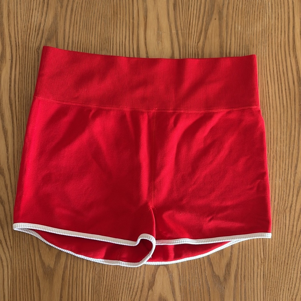 Red High Rise Booty Shorts with White Trim
